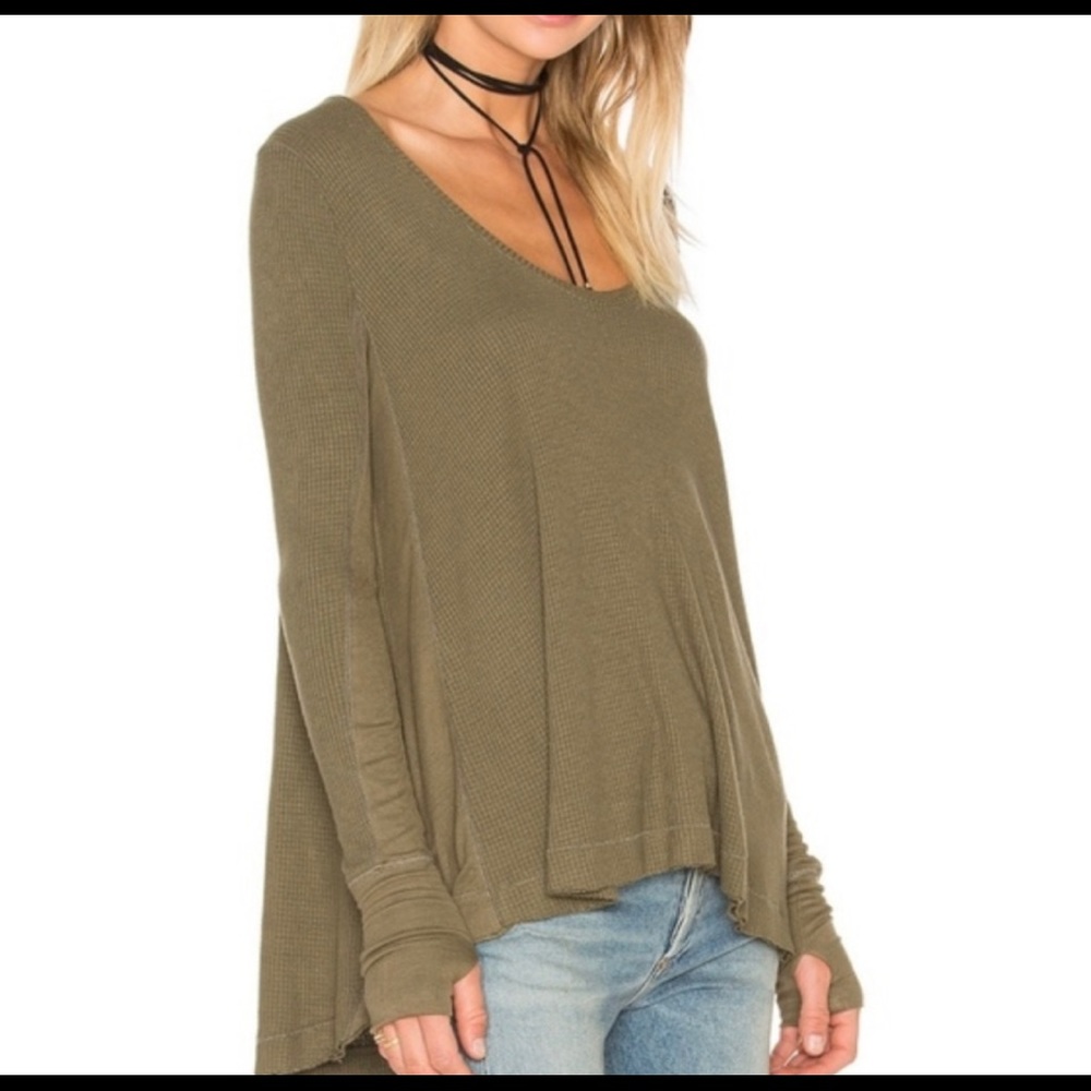Free People Olive Green Waffle Knit Long Sleeve Tunic